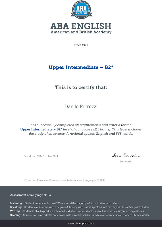 attestato aba upper intermediate di Danilo Petrozzi